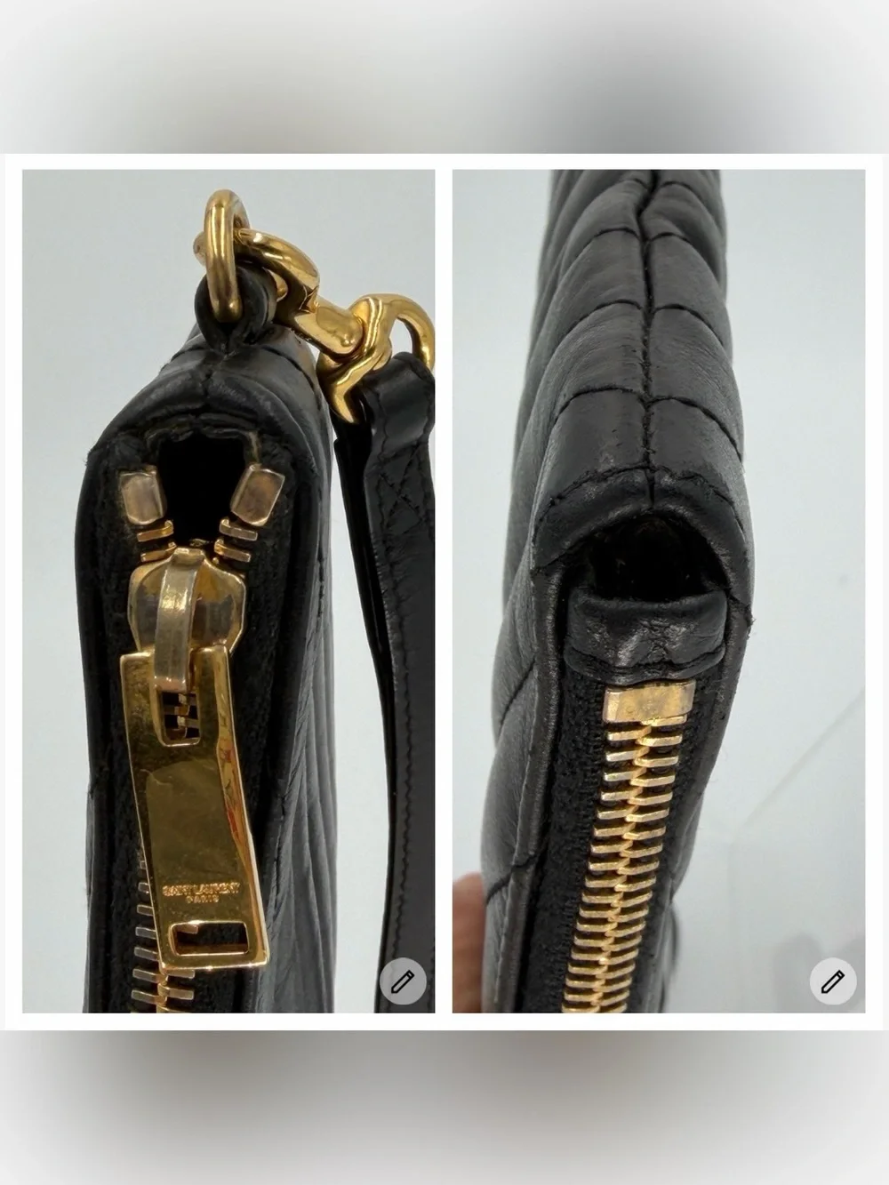 Saint Laurent Black Chevron Leather Wristlet/Clutch w/Gold YSL Logo Entrupy COA